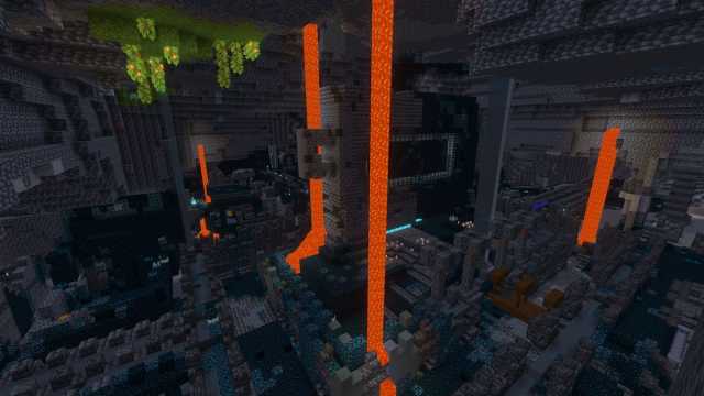 A Minecraft Ancient City with lava falling from the ceiling and patches of Lush Cave biome