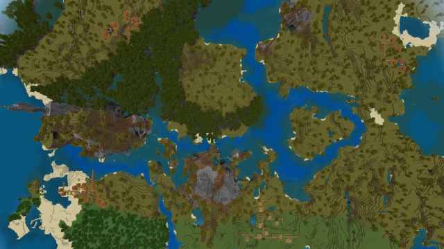 Mangrove, Savanna, and Plains biomes with one Plains Village and three Savanna Villages in Minecraft