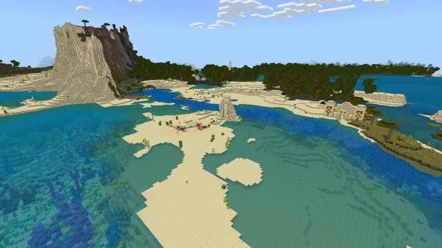 A large Minecraft Mangrove Swamp in front of a small Desert and a Coral Reef