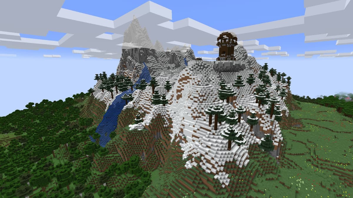 A Minecraft Pillager Outpost on top of a mountain in Minecraft