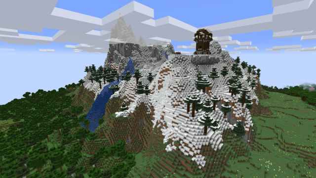 A Minecraft Pillager Outpost on top of a mountain in Minecraft