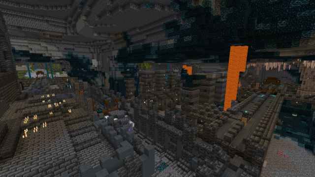 An Ancient City in the midst of Deep Dark, Dripstone Cave, and Lush Cave biomes in Minecraft