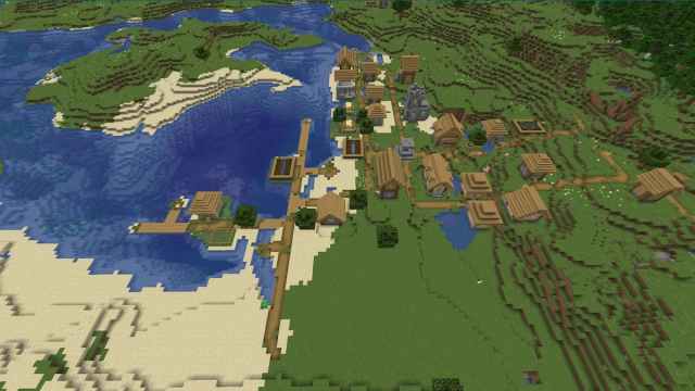 A Plains Village with a Blacksmith on a small Cold Ocean and Beach biome in Minecraft