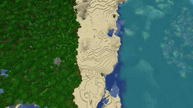 A colorful Minecraft coastline with a Coral Reef, a Jungle, and a Jungle Temple