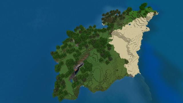 A Minecraft island with a large ravine