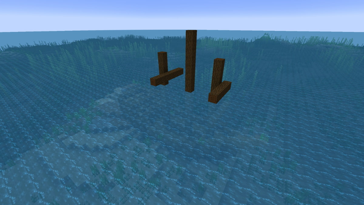 A single shipwreck partially above the surface of a Minecraft ocean
