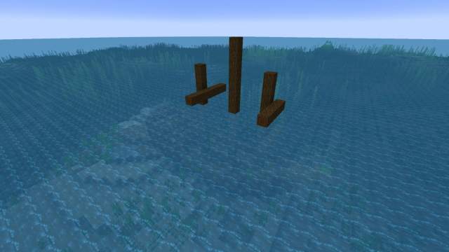 A single shipwreck partially above the surface of a Minecraft ocean