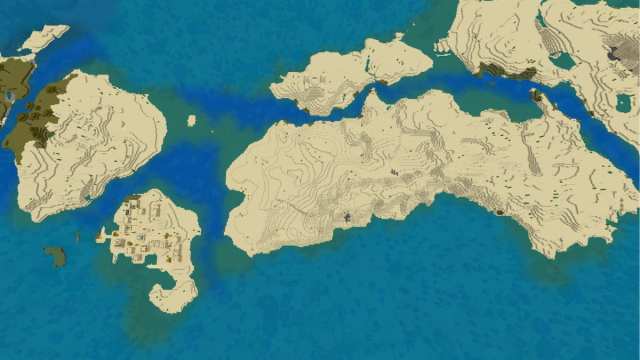 A long Minecraft island made up of Desert and Savanna biomes with a visible Desert Village