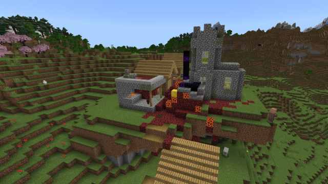 A Minecraft Plains Village Blacksmith's home that has combined with a ruined Nether Portal