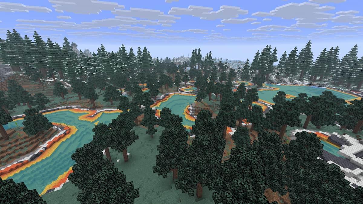 A large Hot Springs biome in the middle of a Snowy Coniferous Forest in Minecraft's Biomes o Plenty mod