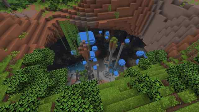 A Rocky Rainforest biome inside of a cave in a Minecraft world using the Biomes o Plenty mod