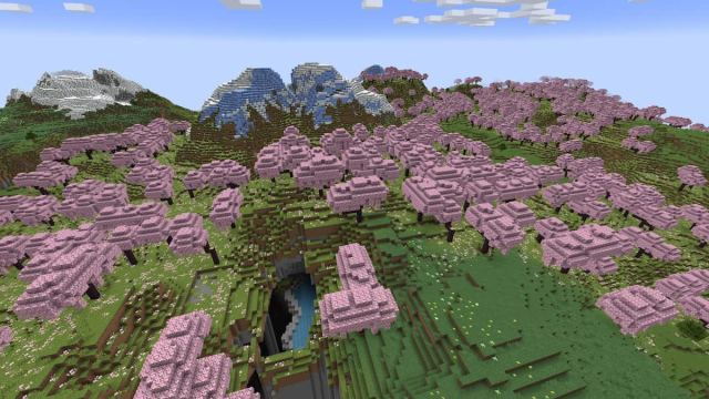 A long Minecraft Cherry Grove biome surrounding a Dripstone Cave and a Frozen Peaks biome