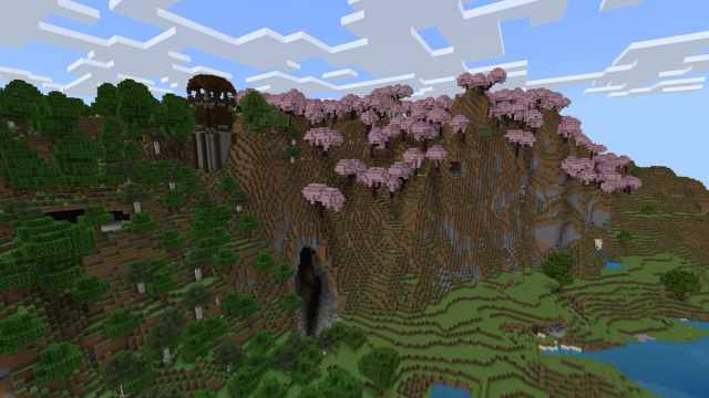 A tall Cherry Grove hill with a Pillager Outpost in Minecraft