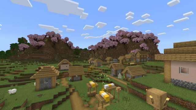 A Plains Village with a Blacksmith beneath two Cherry Groves in Minecraft