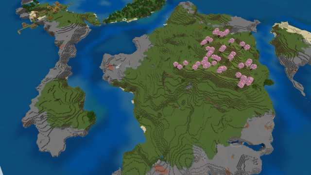 A large Minecraft island with a Cherry Grove biome and a Plains Village