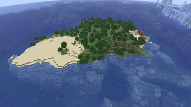 A small Forested island with a shipwreck near a Frozen Ocean in Minecraft