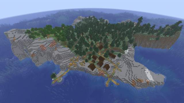 A Minecraft Taiga island with a Taiga Village