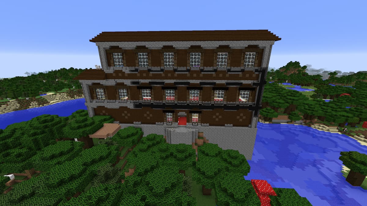 A tall Woodland Mansion on top of a cobblestone platform in a river