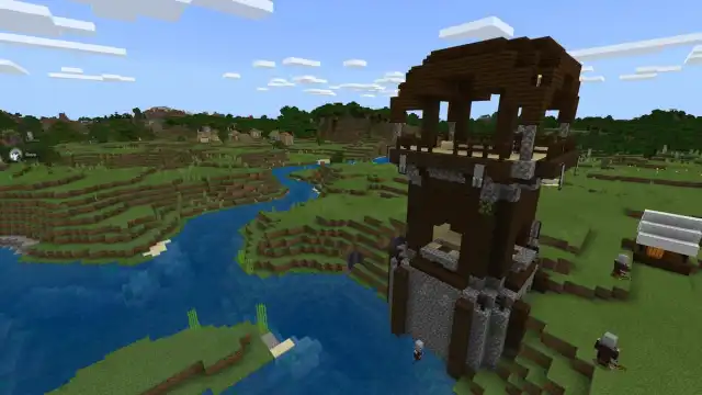 A Pillager Outpost in Minecraft with a Plains Village in the background