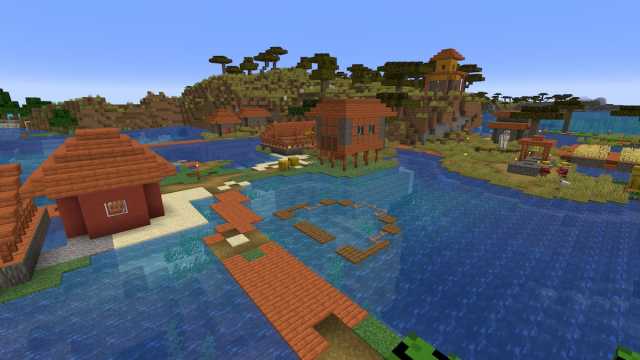 A small Savanna Village with a shipwreck on a Minecraft island