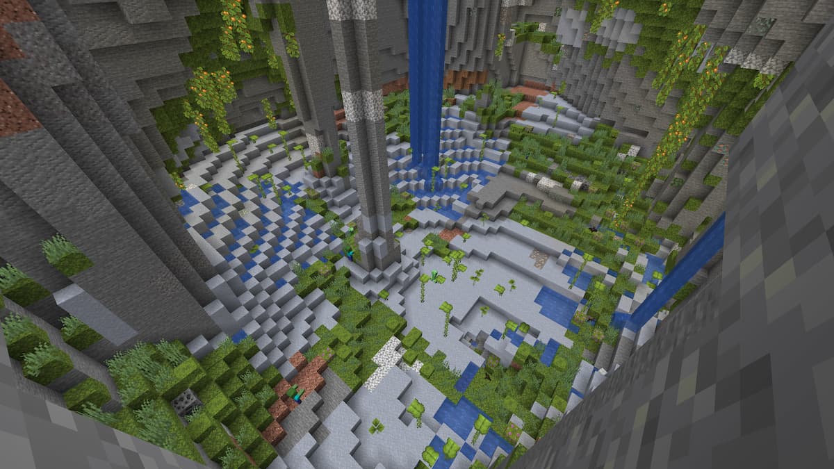 A closed cavern made of a Lush Cave biome in Minecraft