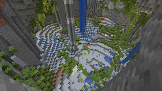 A closed cavern made of a Lush Cave biome in Minecraft
