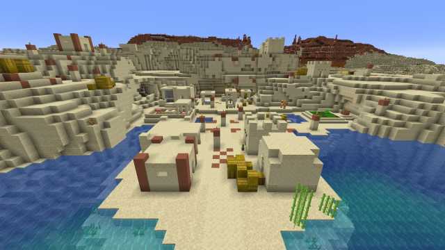 A Minecraft Desert Village with a Blacksmith partially floating on an ocean