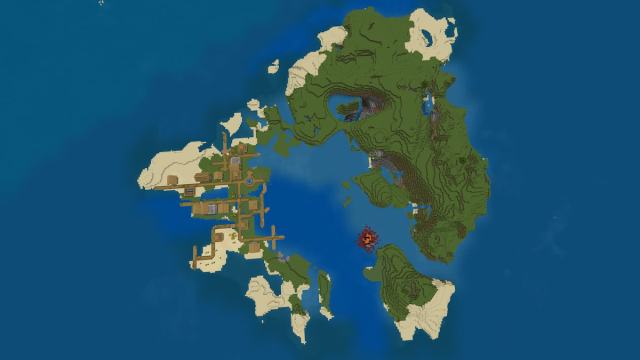 A Minecraft island with a ruined Nether portal and a Plains Village with two Blacksmiths