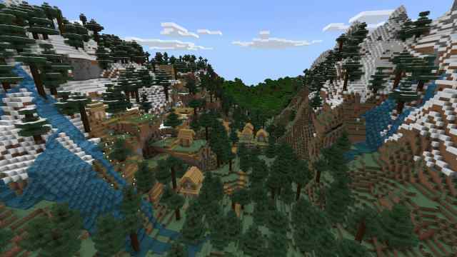 A Plains Village between two Meadow Mountains in Minecraft
