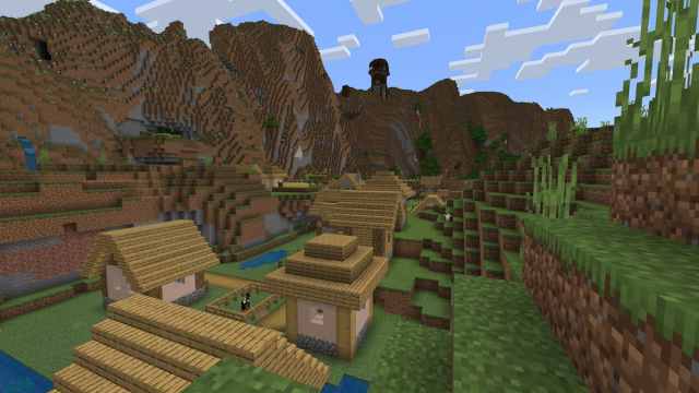 A Pillager Outpost on top of a Meadow Mountain overlooking a Plains Village in Minecraft