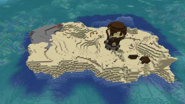 A small Minecraft Desert island with a Pillager Outpost