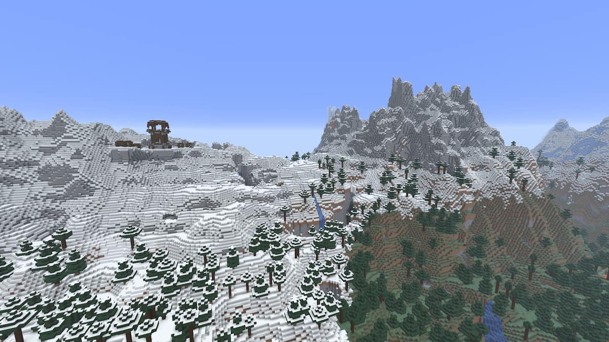 A set of Minecraft mountains with a Pillager Outpost