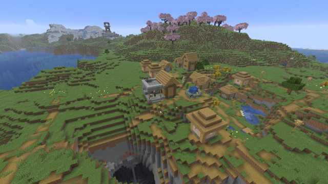 A Minecraft Plains Village with a Blacksmith separated from a Pillager Outpost by a Cherry Grove hill