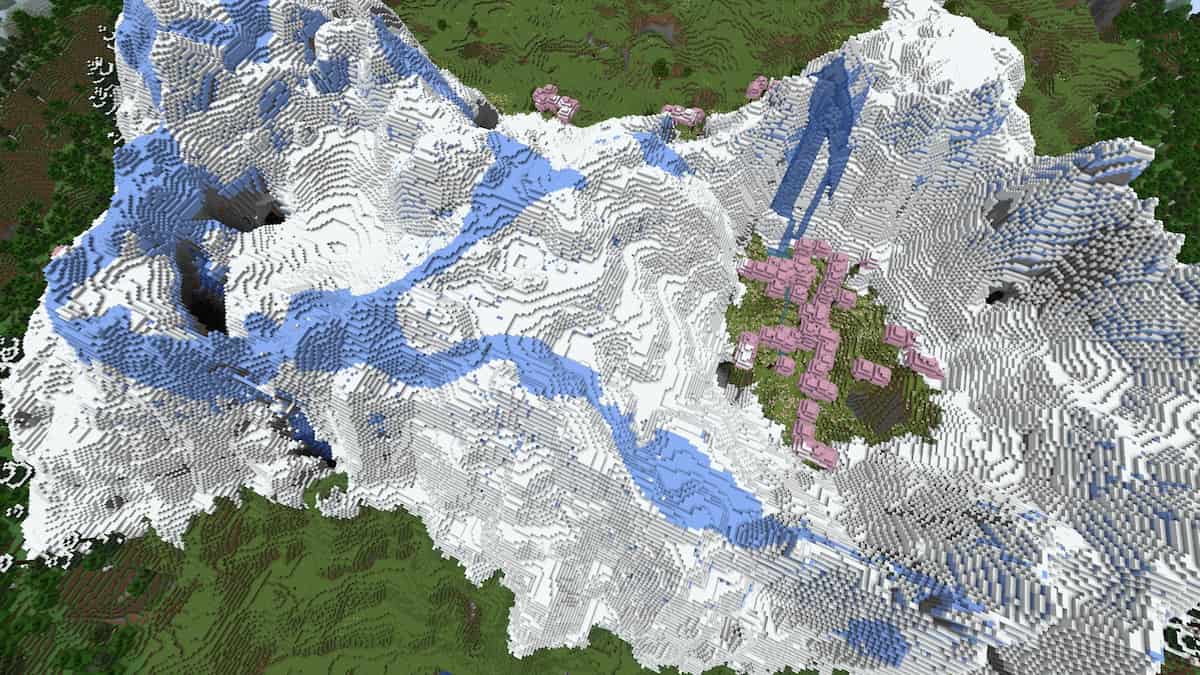 A set of ice-covered mountains with a Cherry Grove in Minecraft