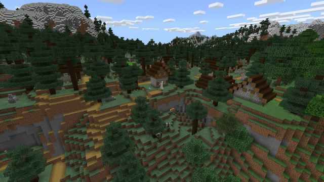 A Minecraft Taiga Village on the edge of a hill