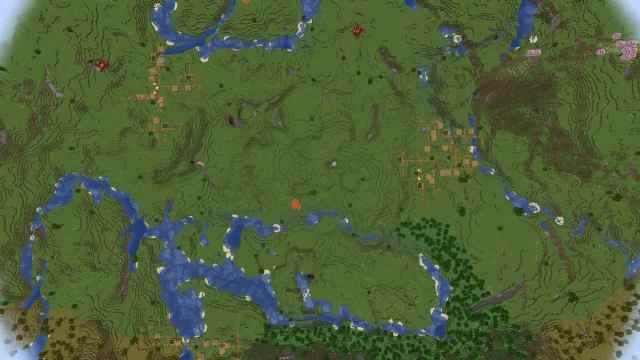 A player looking at the area around spawn with three visible Plains Villages and two ruined Nether portals in Minecraft