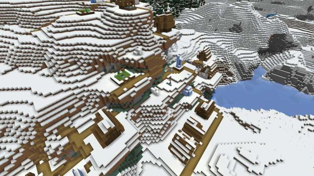 A Taiga Village with two Blacksmiths by a Frozen River in Minecraft
