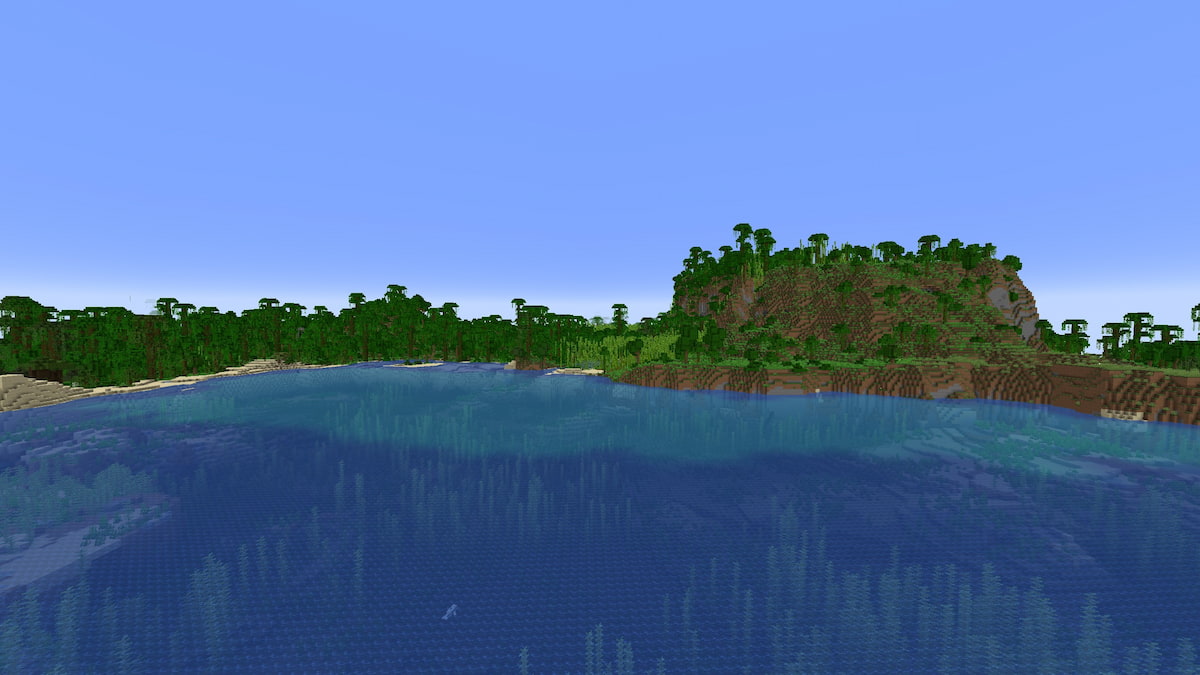 A Minecraft island with a Jungle mountain, lots of Jungle forests, and a Birch Forest biome.