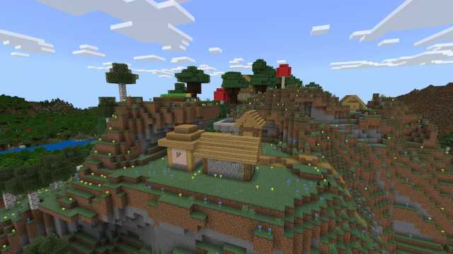 A Plains Village with a Blacksmith on a hill next to a Minecraft Dark Forest biome