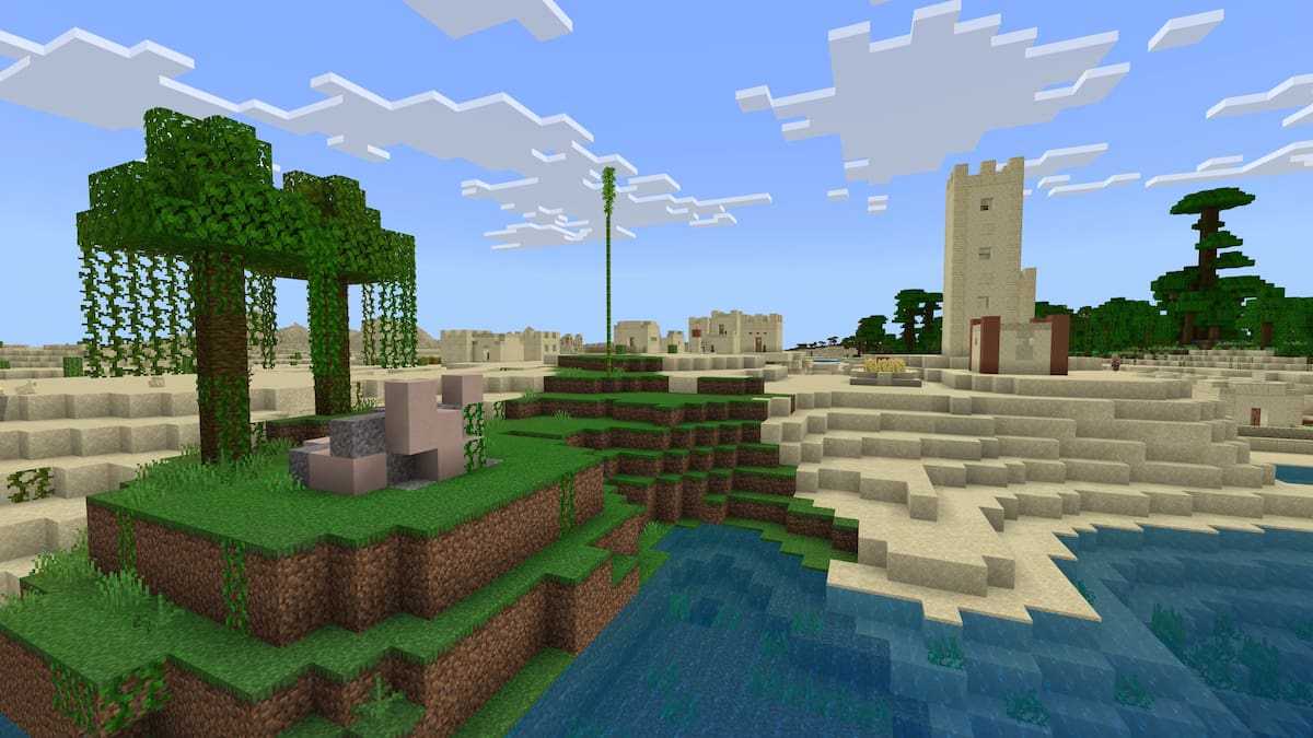 A set of Trail Ruins in front of a Desert Village in Minecraft