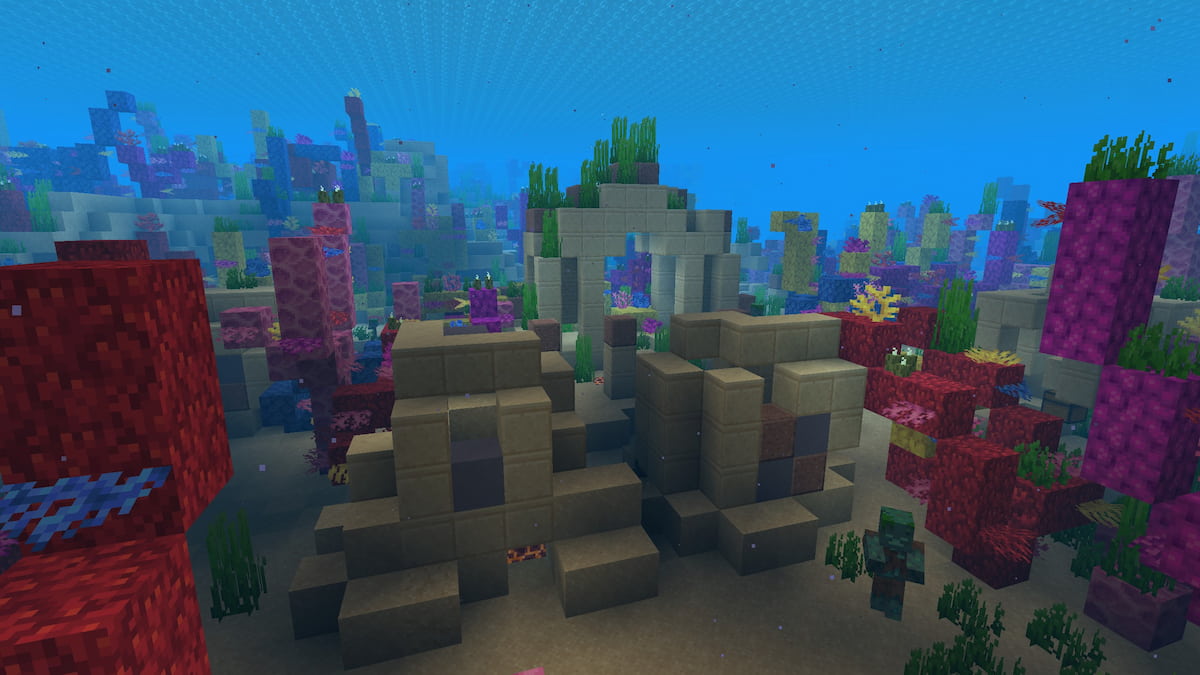 A large Warm Ocean Ruin Cluster in a Minecraft Coral Reef