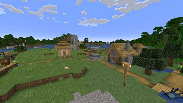 A Plains Village on the same river as a ruined Nether portal and a Pillager Outpost in Minecraft