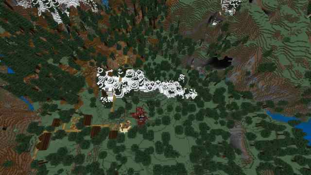 A Taiga Village next to a ruined Nether portal and west of a large cave in Minecraft