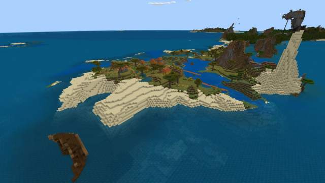 A Minecraft island with a shipwreck and a Savanna Village