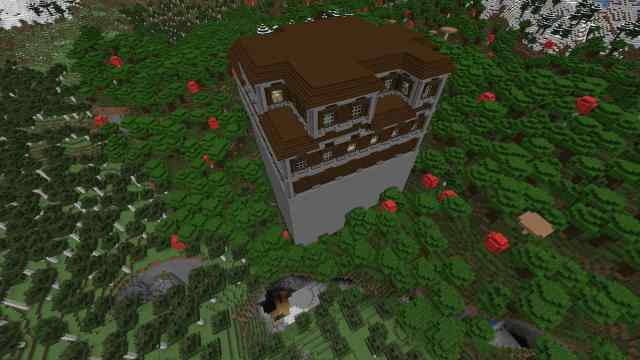 A tall Woodland Mansion above a Lush and Dripstone Cave with a mineshaft in Minecraft