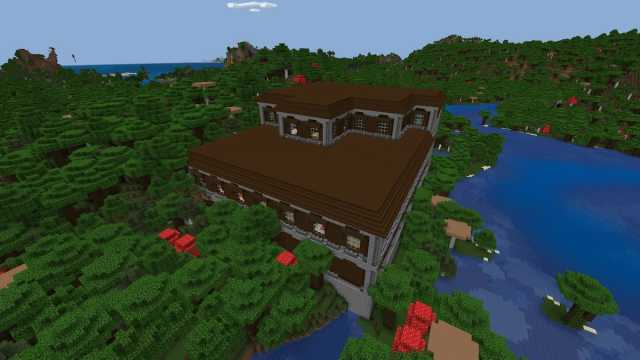 A Woodland Mansion in a Minecraft Roofed Forest biome next to a river