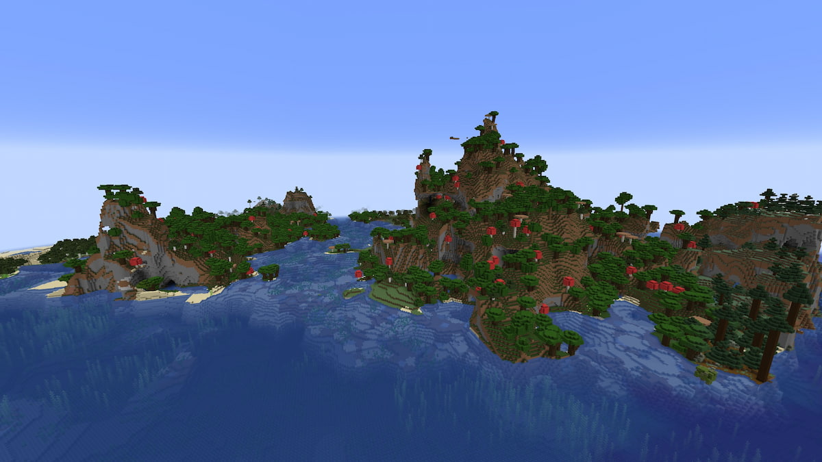 A large island made up of tall Dark Forest cliffs on one side in Minecraft