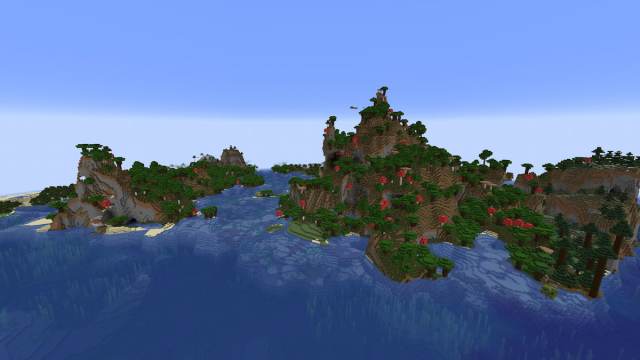 A large island made up of tall Dark Forest cliffs on one side in Minecraft
