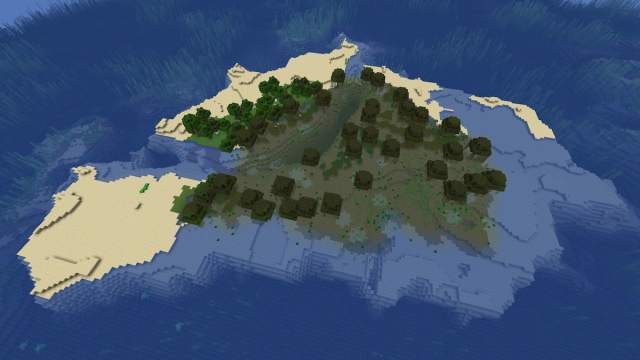 A Minecraft island made up of a Swamp, a Forest, and a Beach
