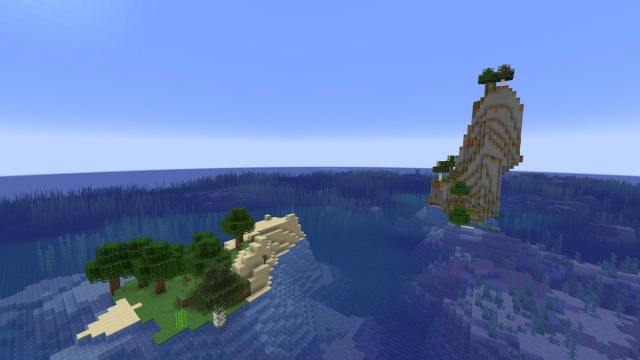 A set of two Minecraft islands, one made of forest and beach biomes and one shaped like a staircase